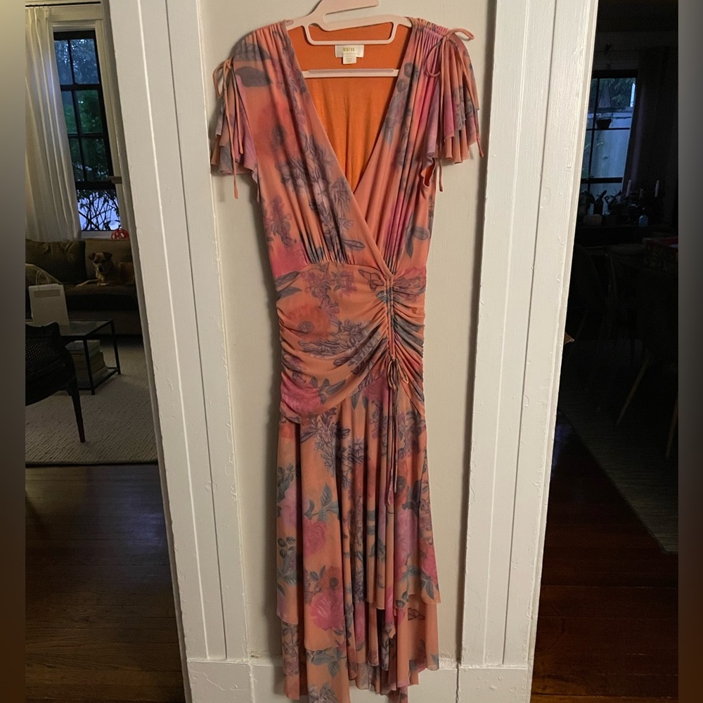 Anthropologie Floral Midi Dress - Pink Orange and greens